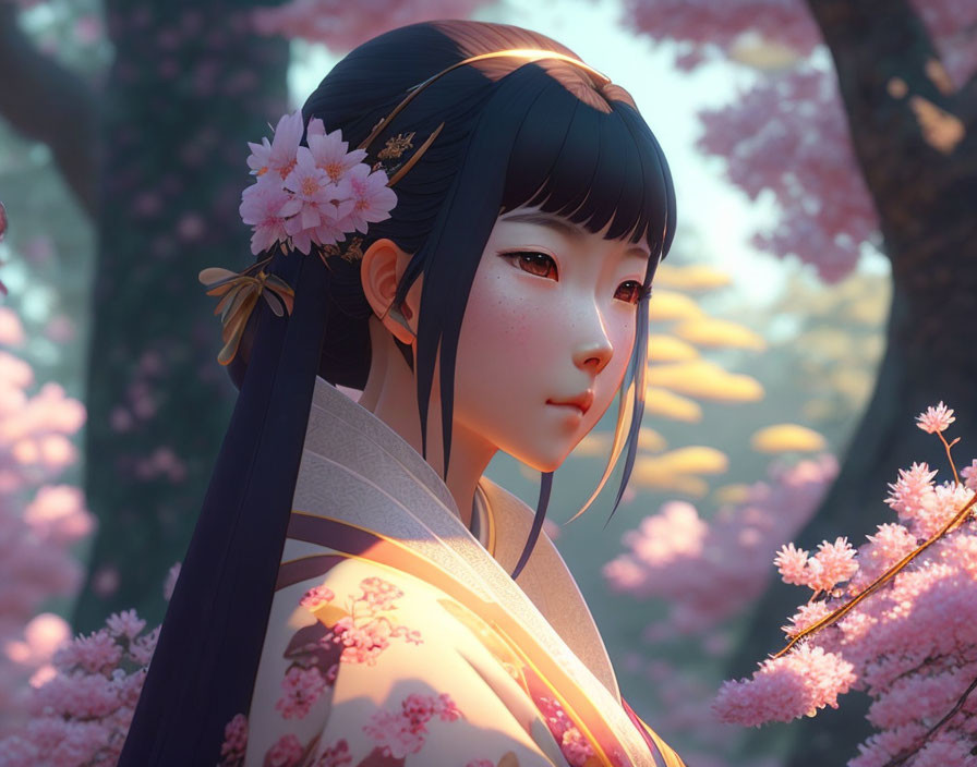 Illustration of young woman with black hair and pink flowers among cherry trees