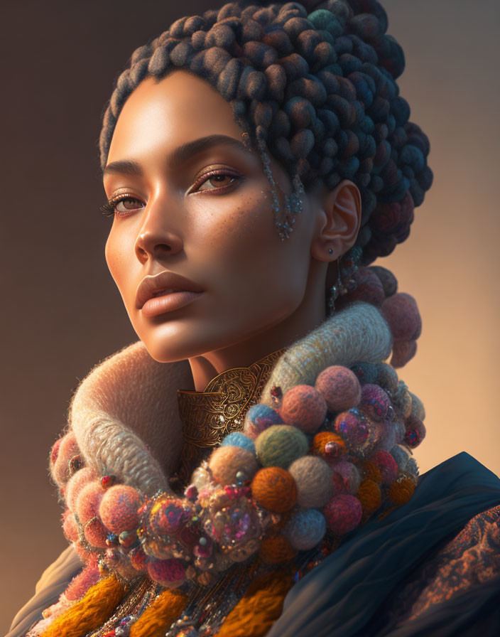 Digital artwork of woman with unique braided hair, embellished skin, and colorful scarf