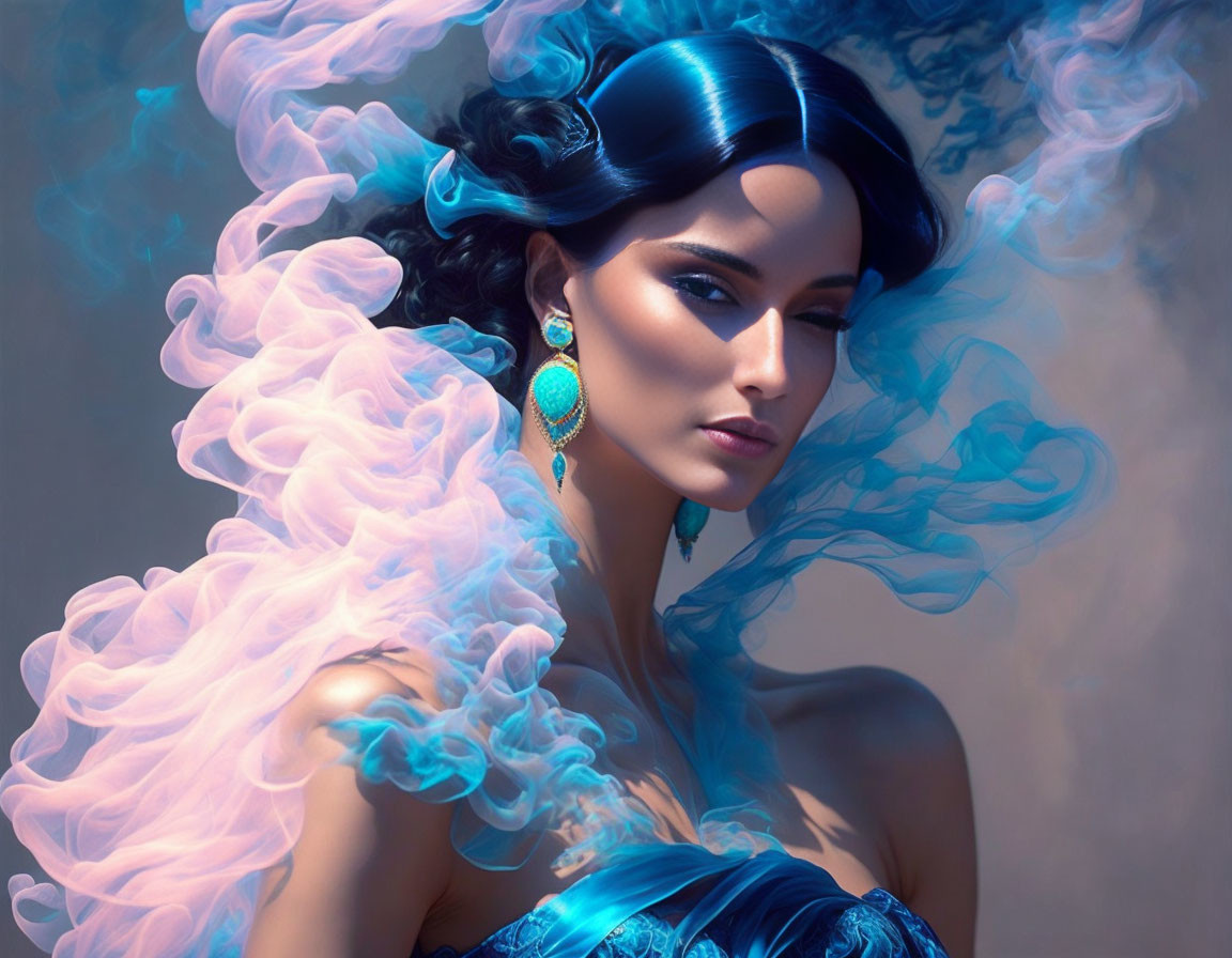 Dark-haired woman in blue dress amid swirling blue and pink smoke with turquoise earrings.