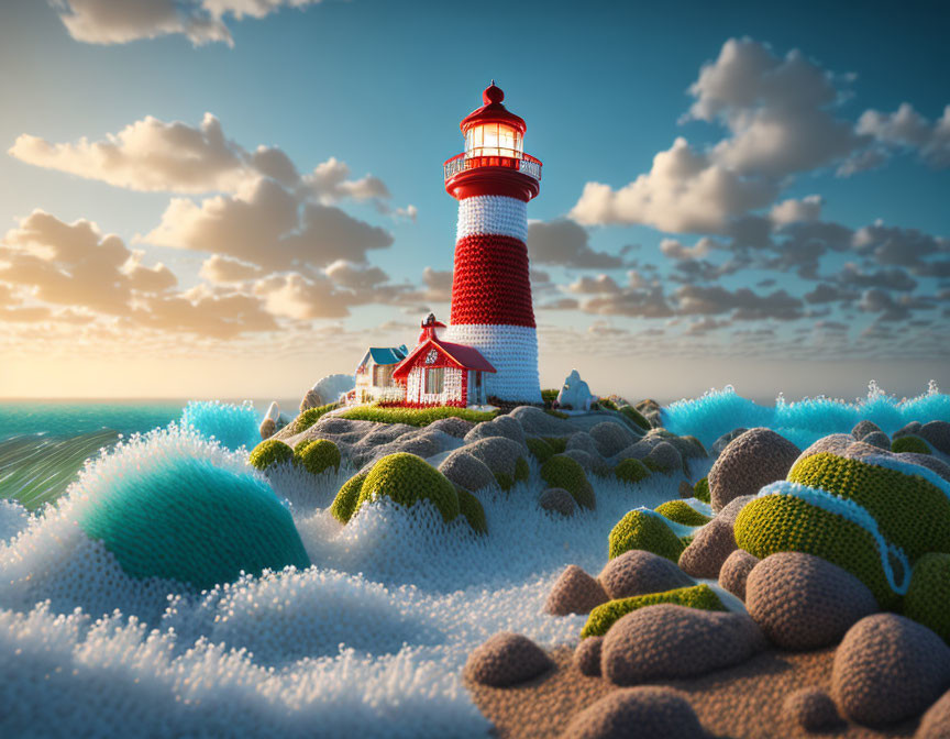 Red and White Lighthouse on Rugged Coastline