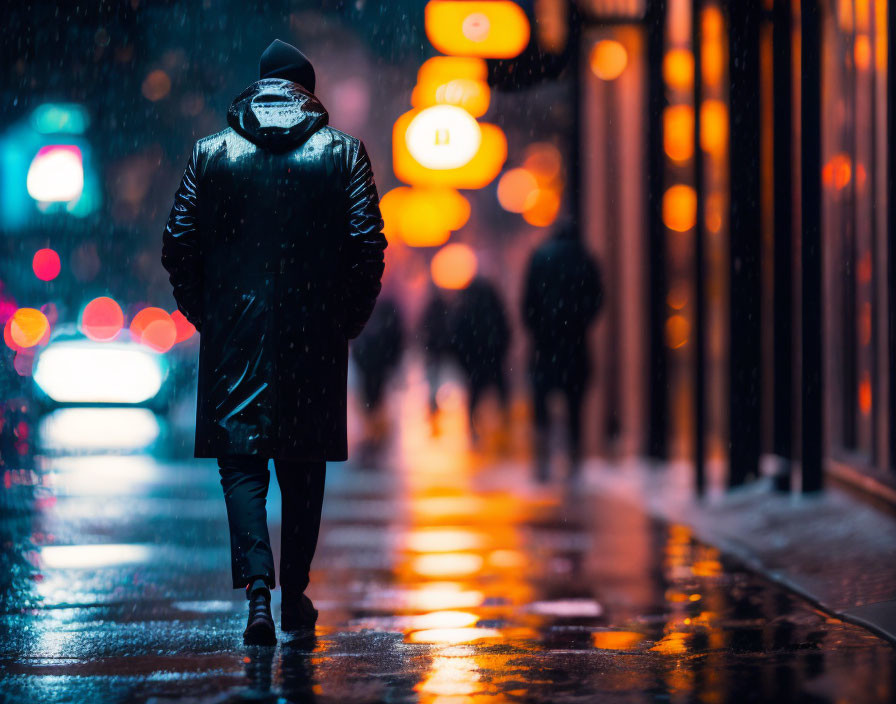 Person in dark coat and hat walking on rainy city street at night