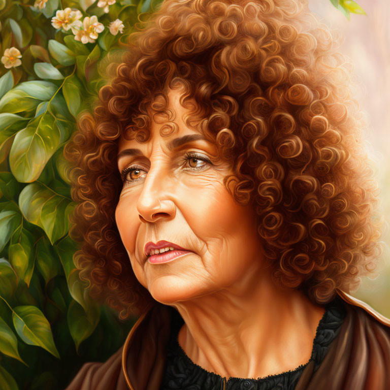 Elderly woman with curly hair looking contemplative in nature setting