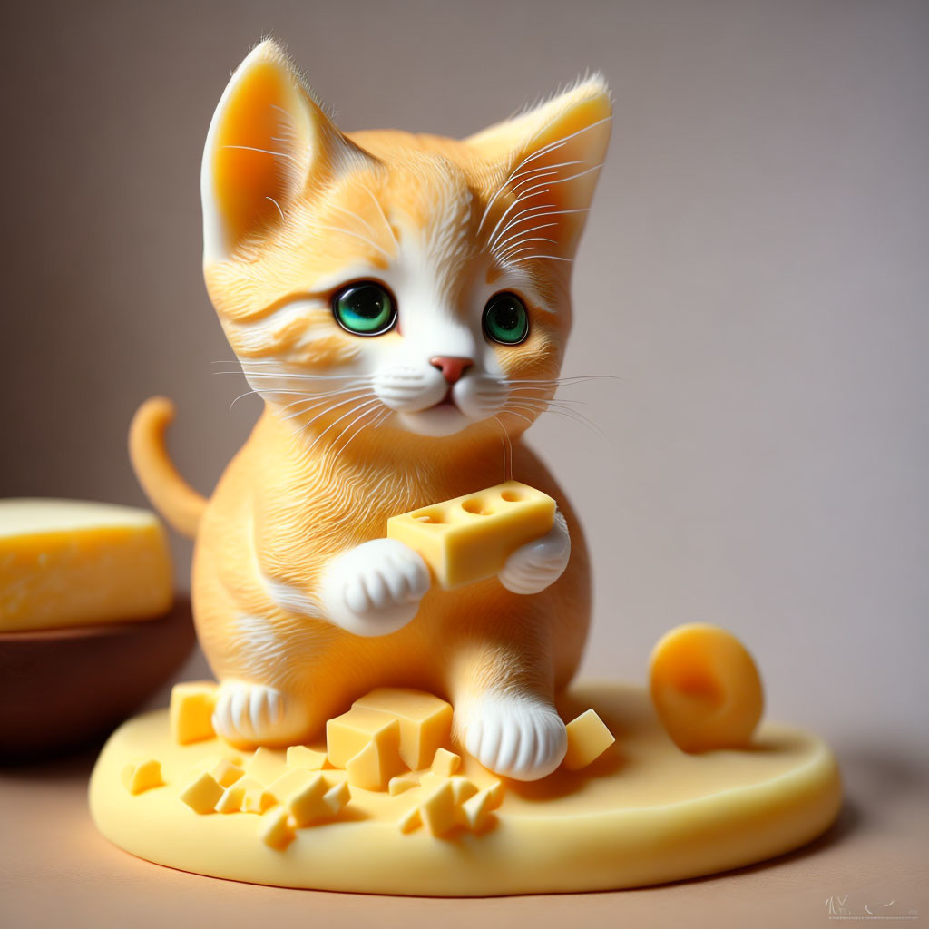 Orange kitten with green eyes and cheese cubes illustration