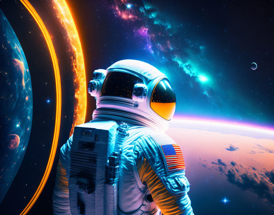 Astronaut in spacesuit views vibrant cosmic scene with planets and nebula.