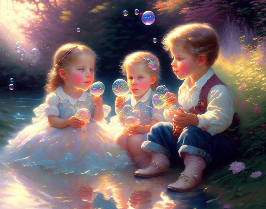 Children enchanted by shimmering soap bubbles in sunny glade