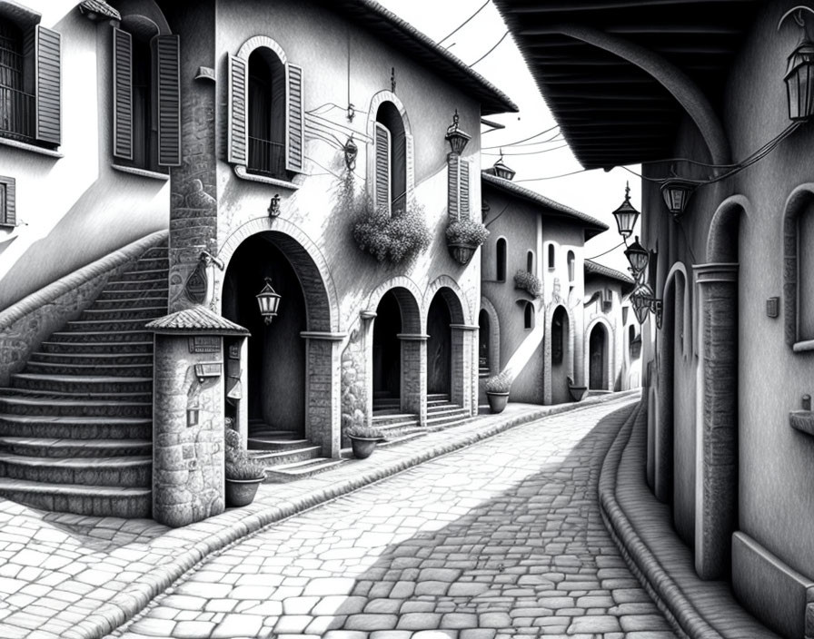 Monochromatic European street scene with cobblestones, arches, lanterns, and staircase