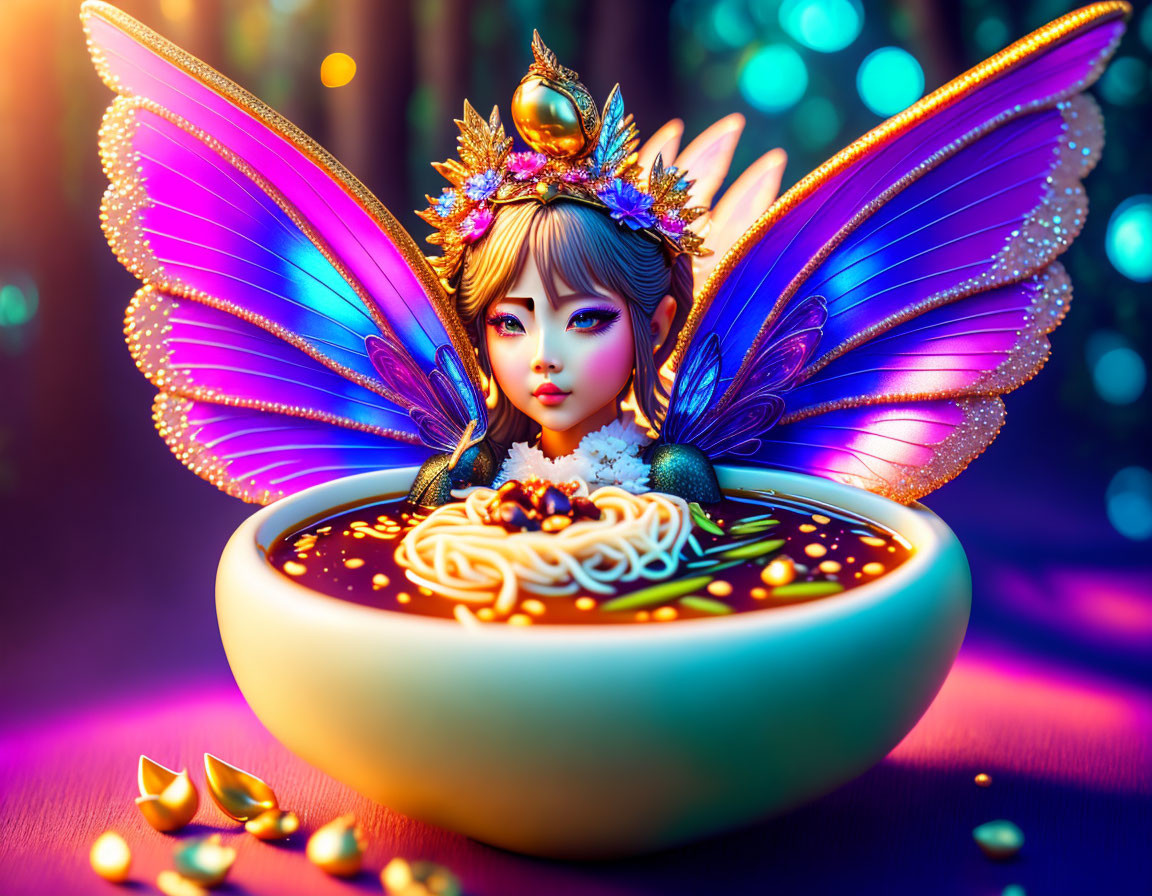 Colorful whimsical tiny fairy in vibrant wings on noodle bowl edge