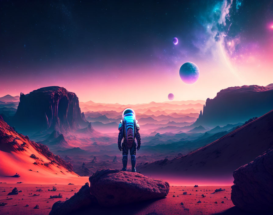 Astronaut on alien planet with purple skies and multiple moons