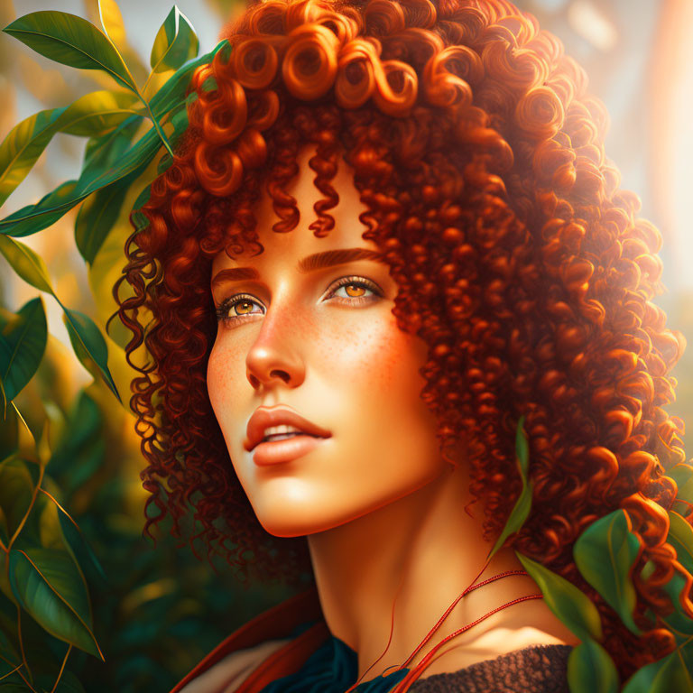 Curly Red Hair Woman Portrait in Vibrant Foliage