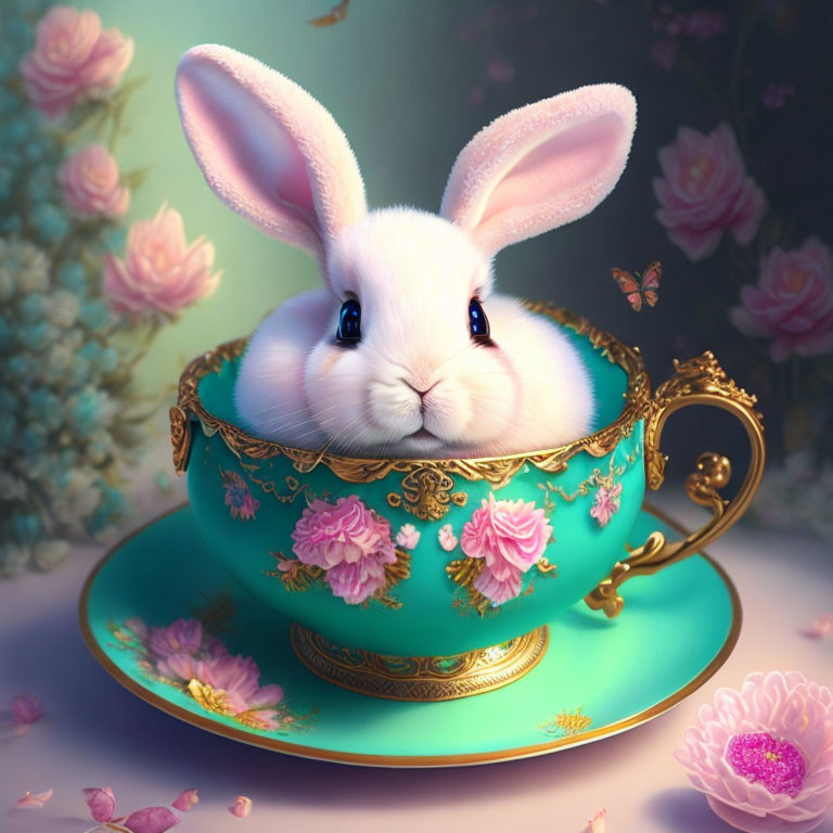 Fluffy white rabbit in turquoise teacup with pink roses