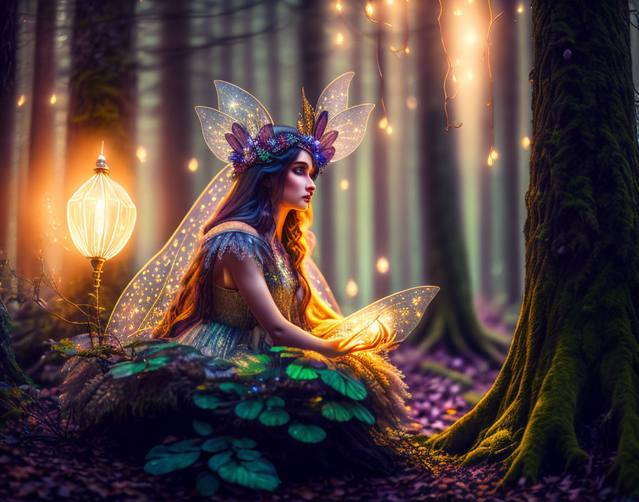 Woman in fairy costume with lantern in mystical forest