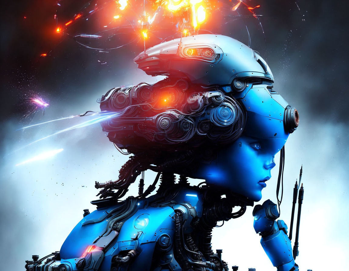 Detailed Female Robot with Blue Skin and Red Glowing Eyes in Futuristic Setting