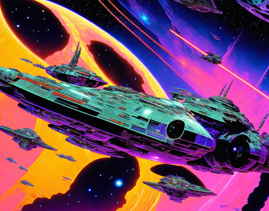 Colorful sci-fi scene with spaceships in vibrant nebula.