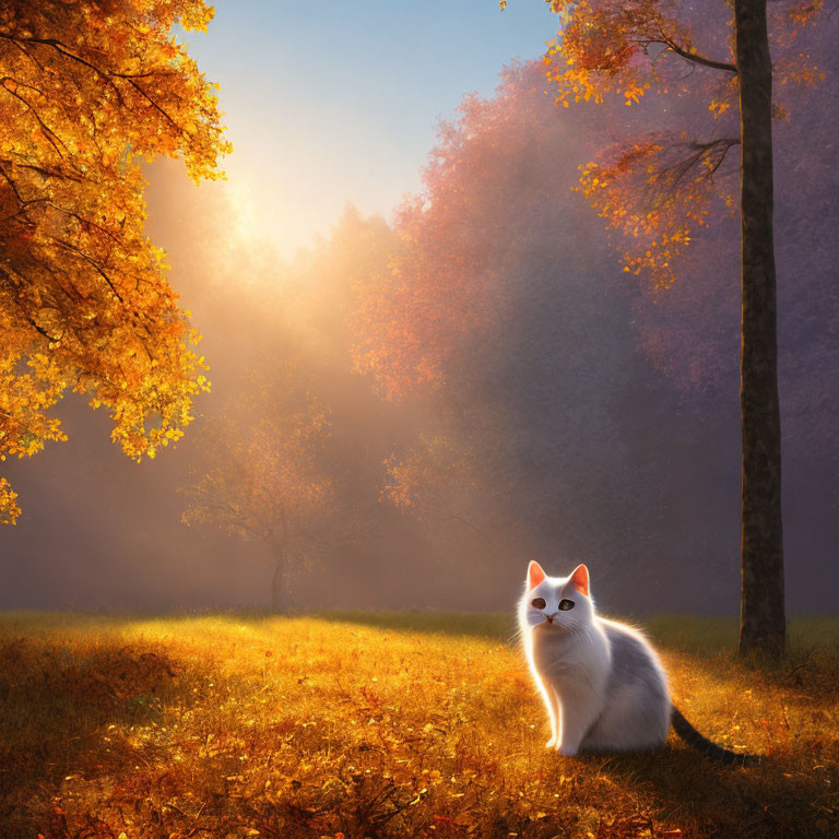 White Cat with Striking Eyes in Autumn Forest Setting