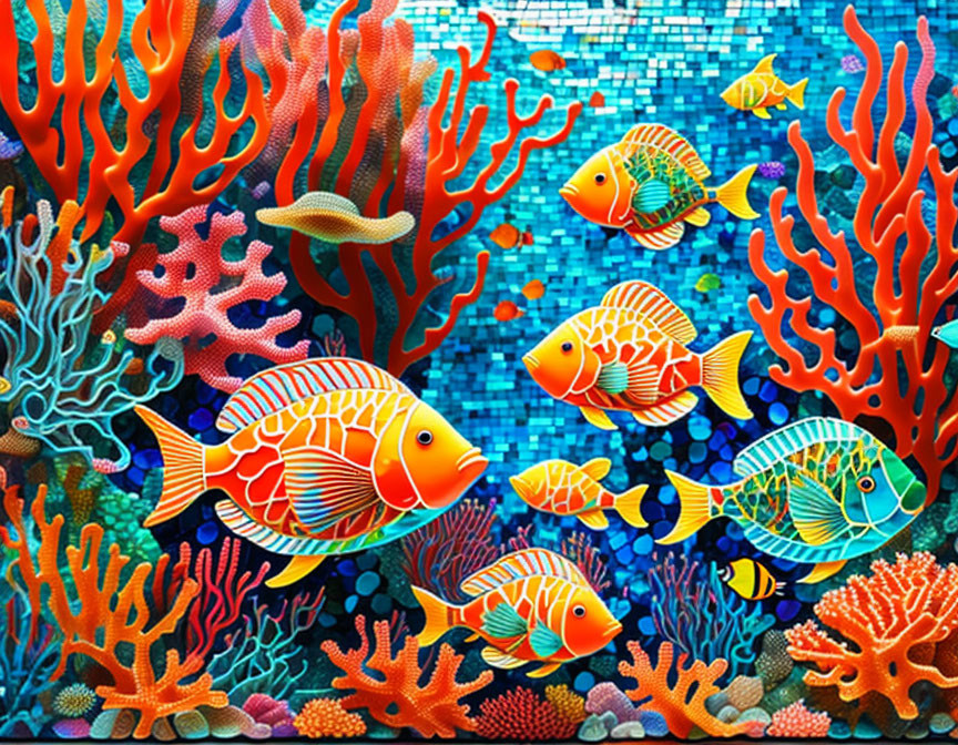 Colorful Tropical Fish Swimming Among Coral Reefs in Vibrant Underwater Scene