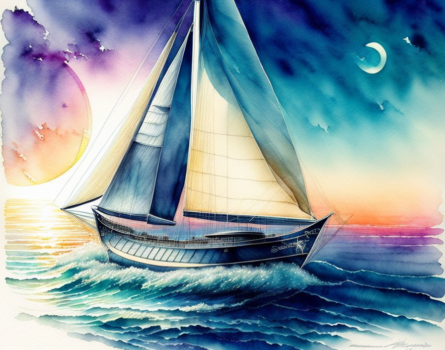 Sailboat watercolor painting of sunset sea with vibrant sky