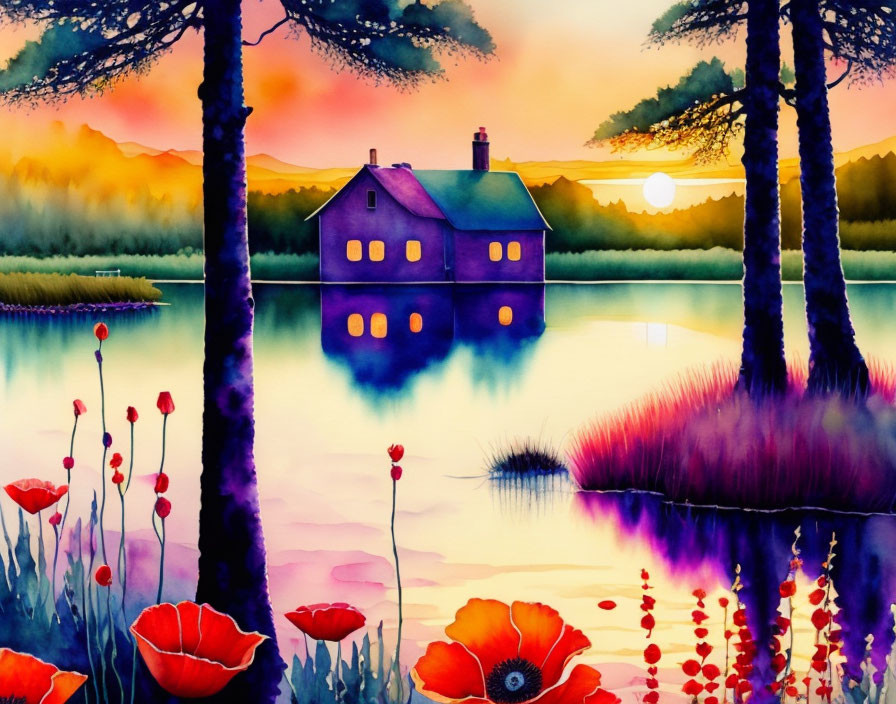 Colorful Watercolor Painting: Purple House by Tranquil Lake at Sunset