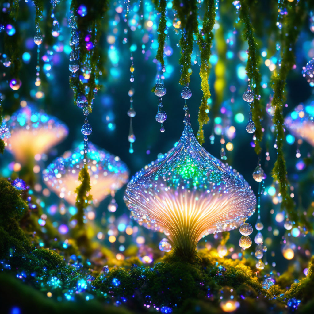 Glowing mushroom in magical forest with dewdrops and lights