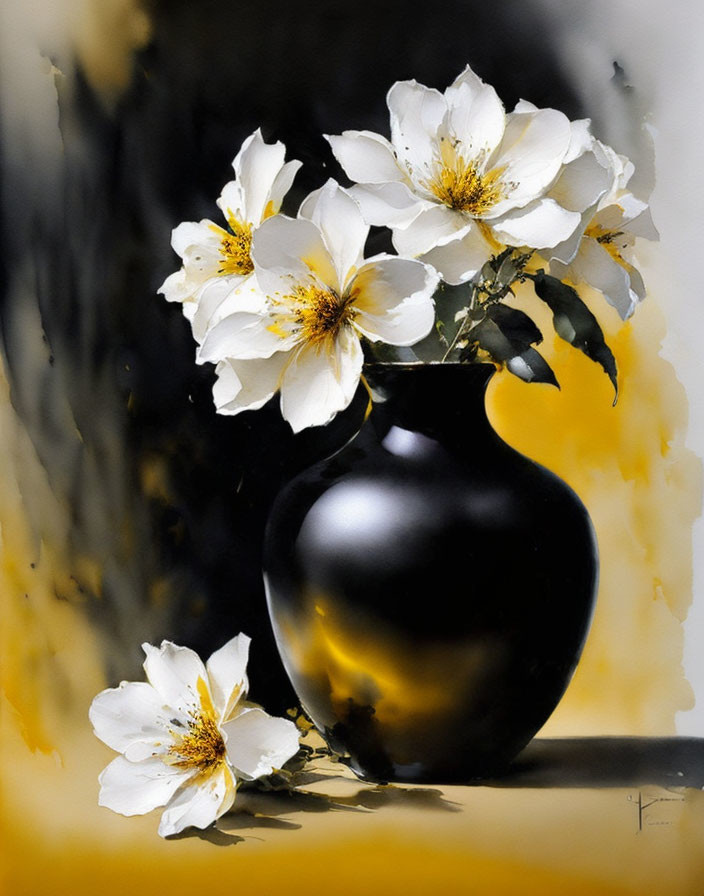 Black Vase with White Flowers on Yellow and Black Background