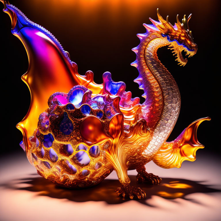 Colorful ornate dragon sculpture with intricate textures on dark background