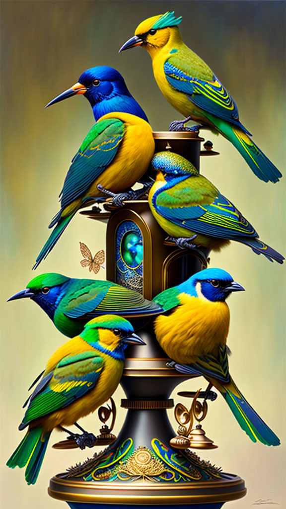 Assorted birds on steampunk-style structure with mechanical elements