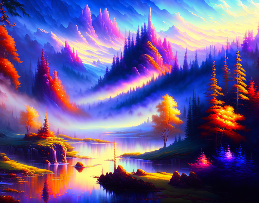 Colorful Landscape: Serene Lake, Illuminated Trees, Misty Mountains