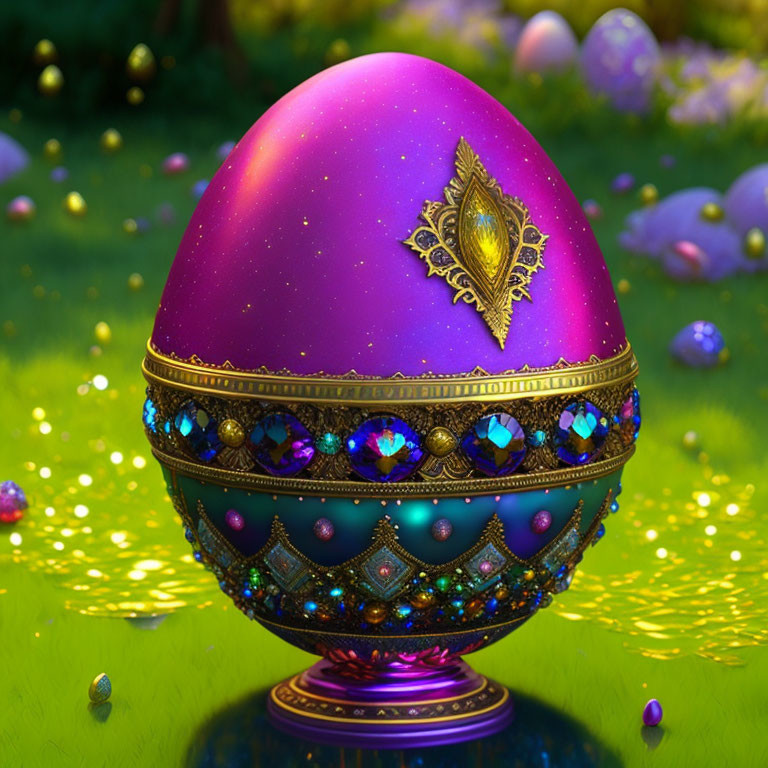 Vibrant purple jeweled egg with gold details on grassy field