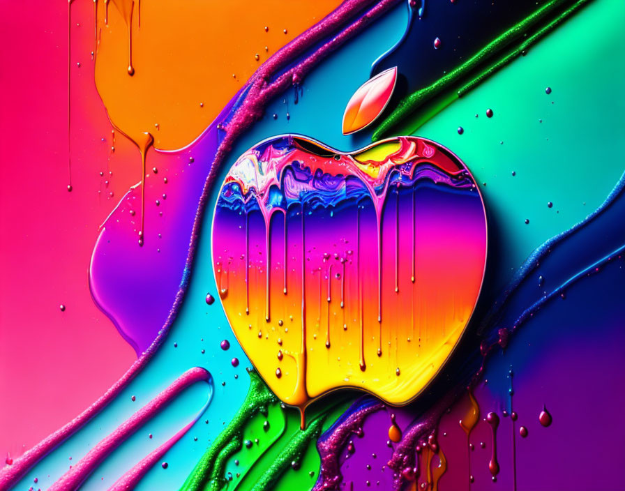 Multicolored paint drips on glossy surface create apple silhouette.