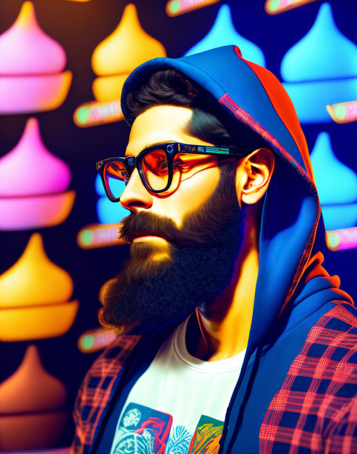 Bearded man in glasses in hooded shirt on vibrant flame-patterned background