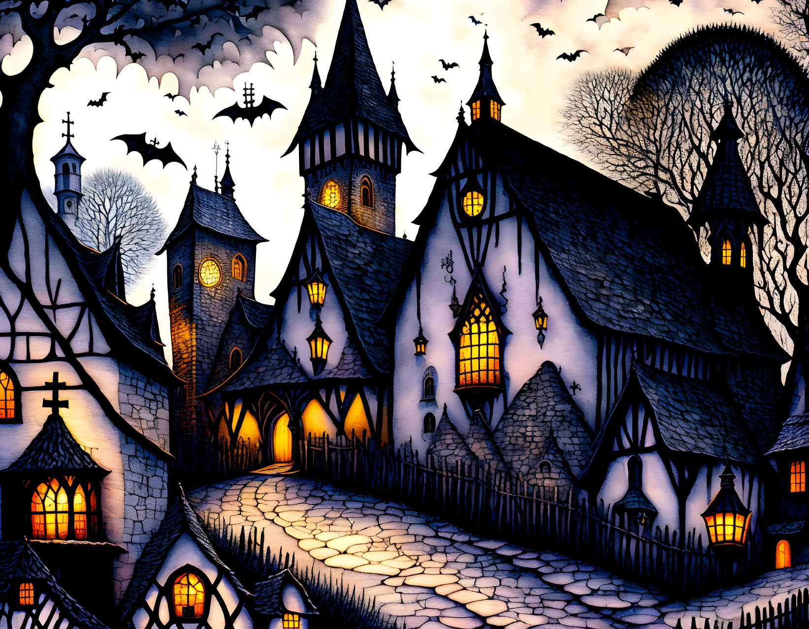 Eerie village scene: gothic houses, cobblestone path, bats, moonlit sky