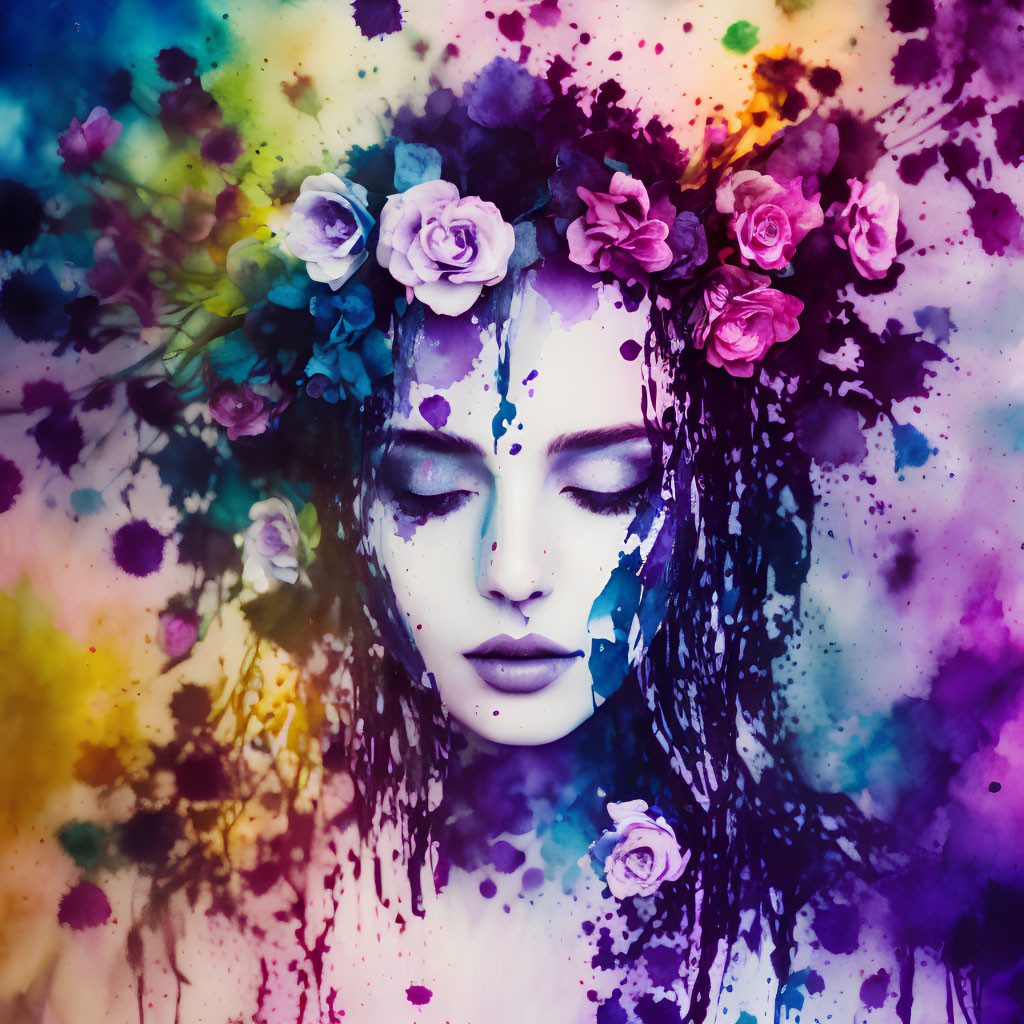 Woman with Floral Crown Surrounded by Abstract Color Splashes