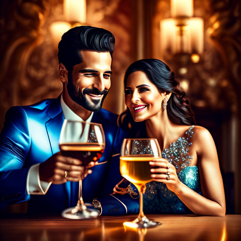 Illustrated couple toasting wine glasses in opulent room.