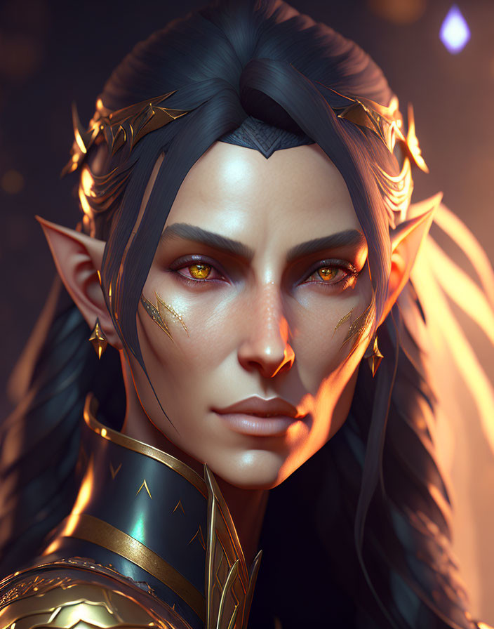 Fantasy character with pointed ears and golden eyes in fiery ambiance