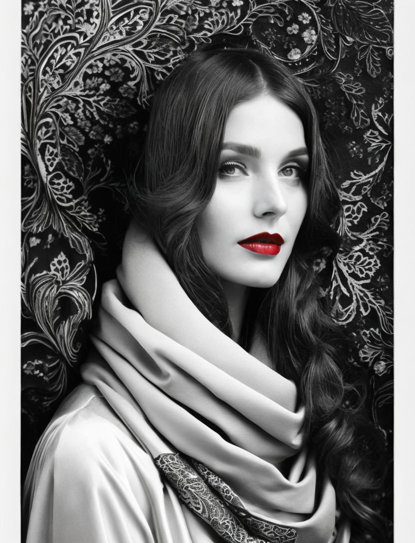 Monochrome portrait of woman with red lipstick, wavy hair, and scarf on patterned backdrop