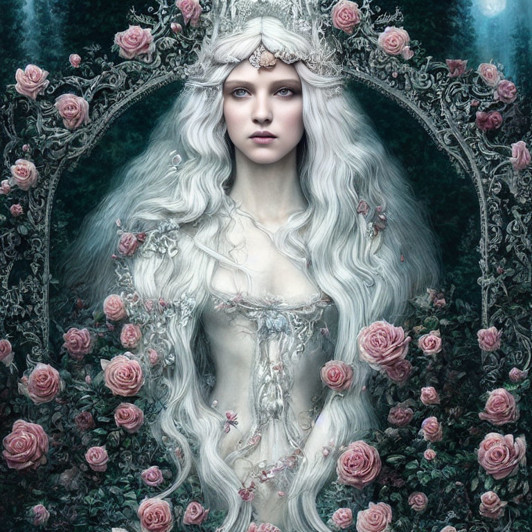 Mystical woman with long white hair and striking eyes in ornate headdress amid vivid roses.