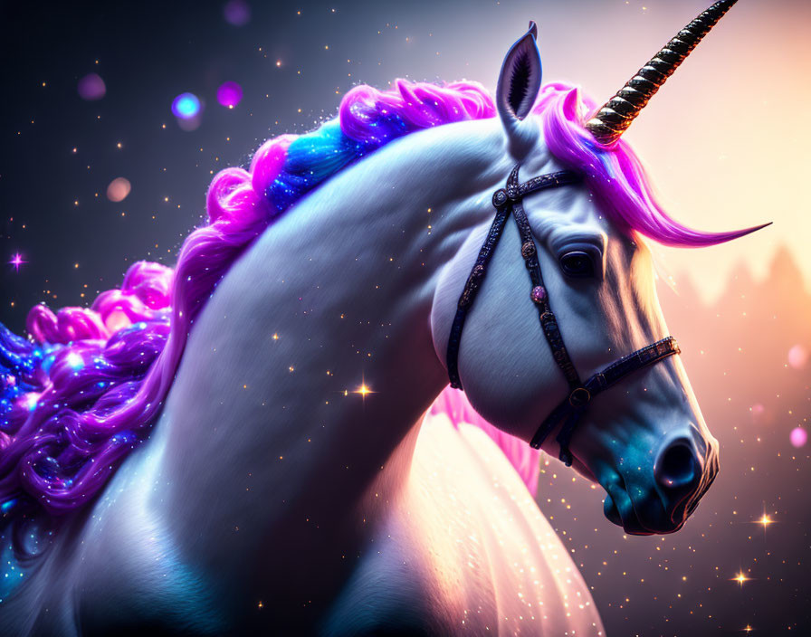 Majestic unicorn with white coat, spiral horn, and purple mane on starry background