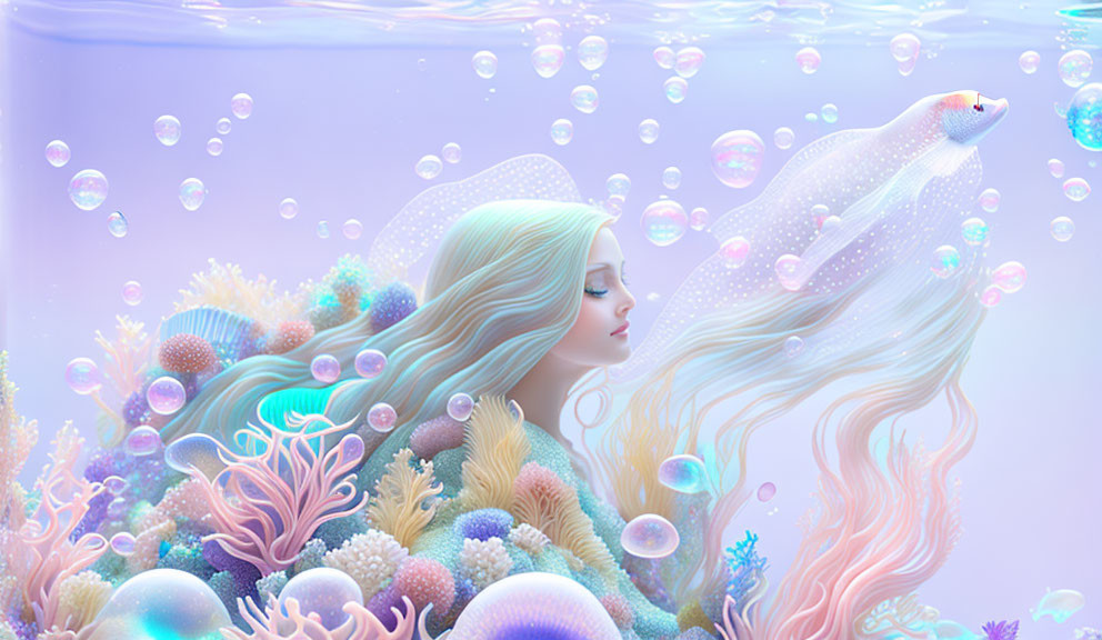 Vibrant coral and flowing hair in surreal underwater scene