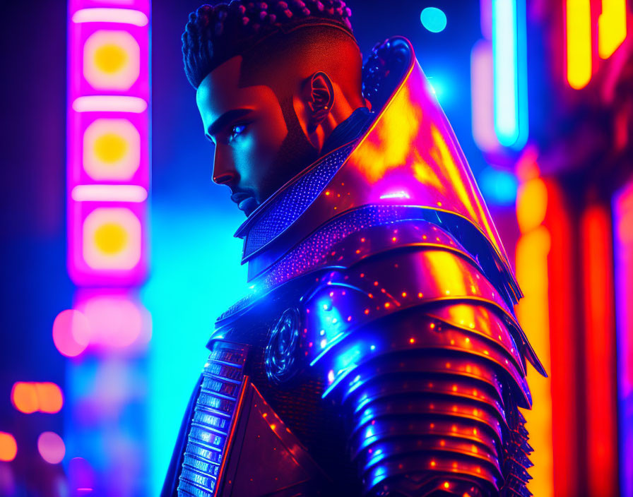 Futuristic warrior in glowing high-tech armor in neon-lit urban setting