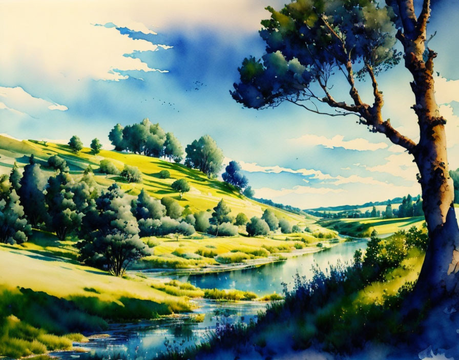 Serene landscape watercolor painting with river, hills, tree, and sky