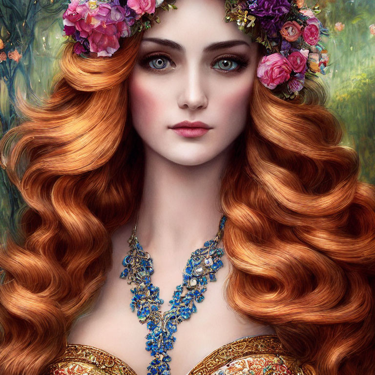 Woman with Red Hair, Flowers, Green Eyes, Blue Necklace