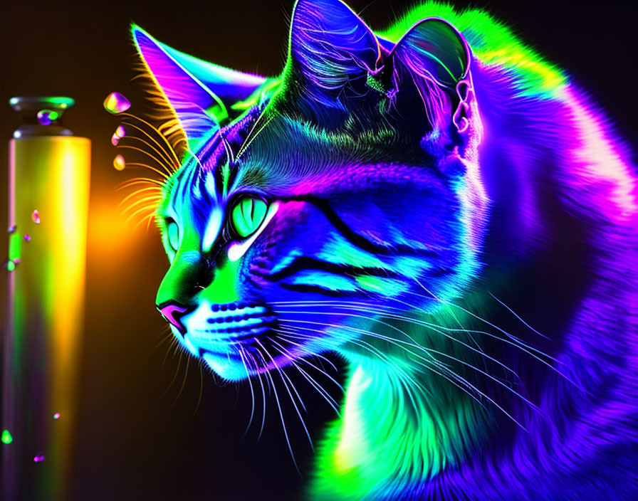 Colorful Digital Artwork: Neon Rainbow Cat on Dark Background