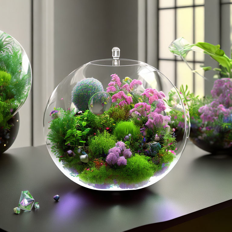 Lush Greenery and Purple Flowers in Vibrant Terrarium Display