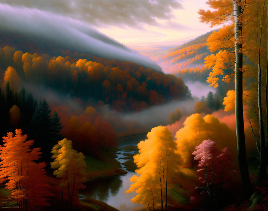 Misty autumn landscape with river and vibrant foliage