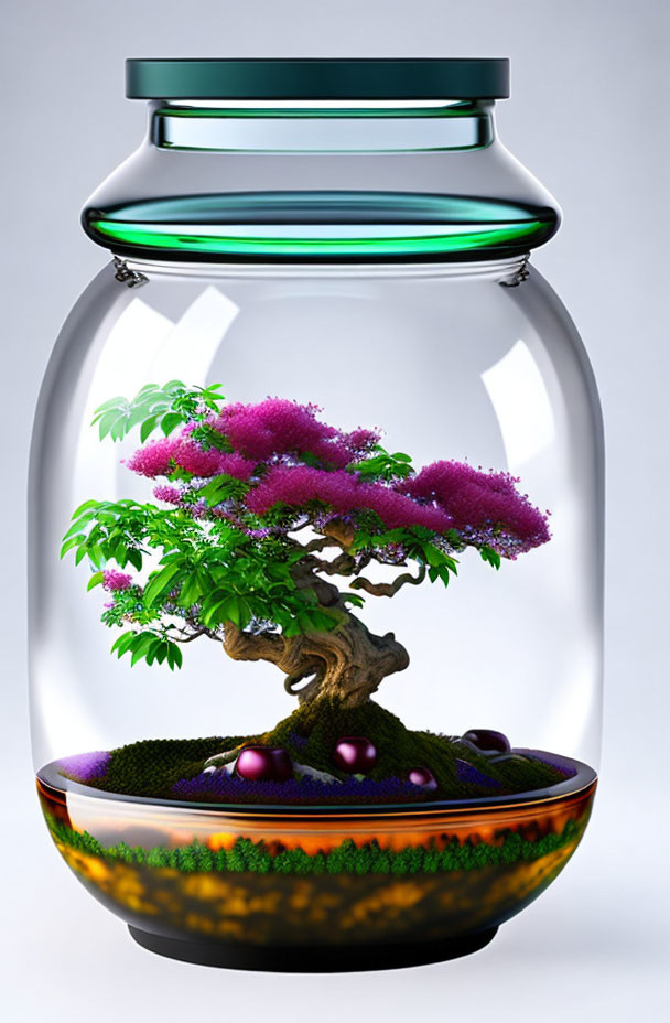 Purple Foliage Bonsai Tree in Sealed Glass Jar on Colorful Substrate