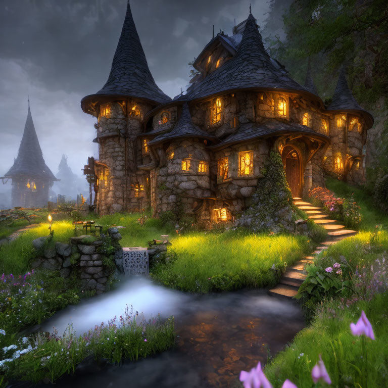 Stone cottage with conical roofs and glowing windows by a stream at twilight