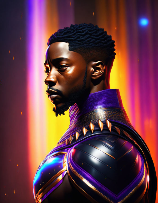 Futuristic man in black and purple armor against orange and purple background