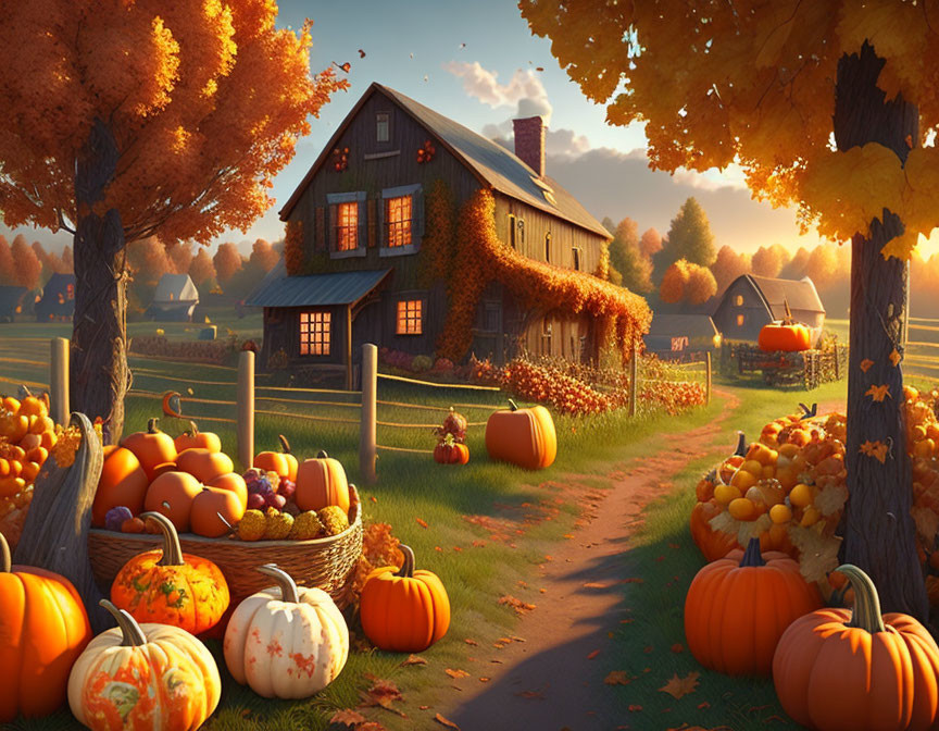 Cozy autumn house with orange leaves, pumpkins, and warm sunlight