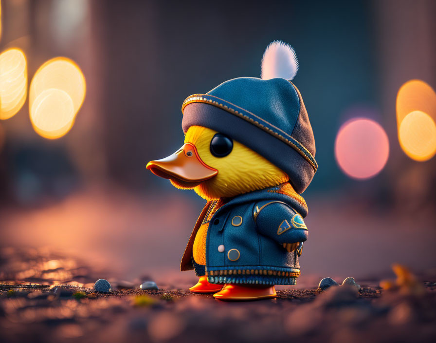 Stylish Toy Duck in Blue Jacket and Hat on Paved Surface