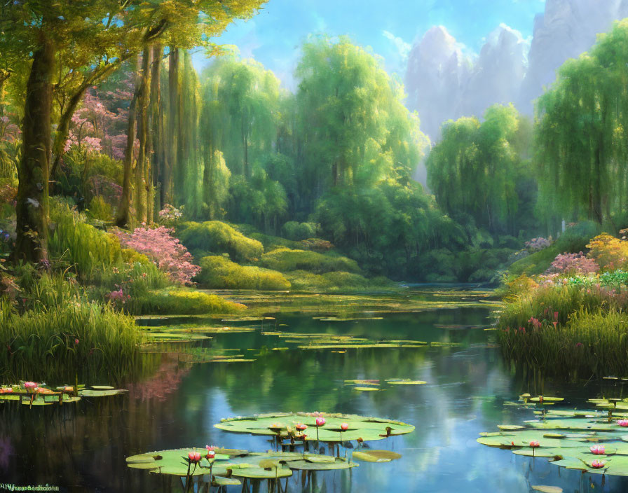 Tranquil Landscape with River, Water Lilies, and Pink Flowering Trees