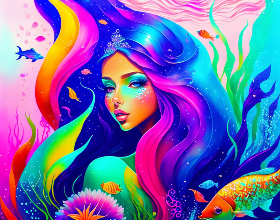 Colorful underwater fantasy illustration with woman and ocean elements